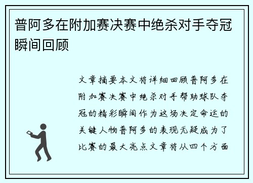 普阿多在附加赛决赛中绝杀对手夺冠瞬间回顾